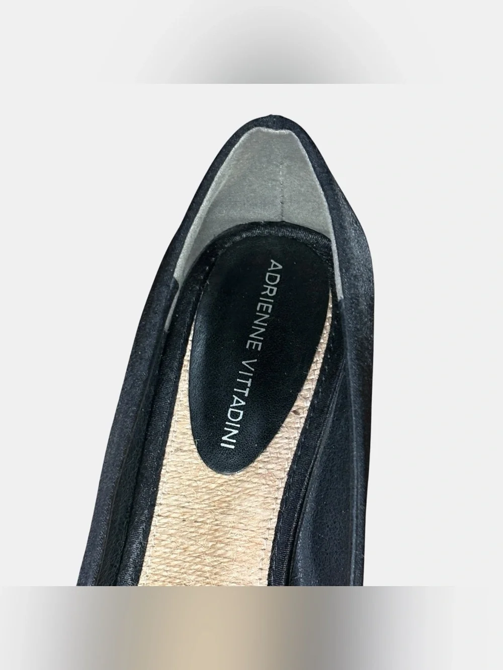 Adrienne Vittadini AV Bailey Black Satin Espadrille Wedge Peep Toe Women’s 8.5